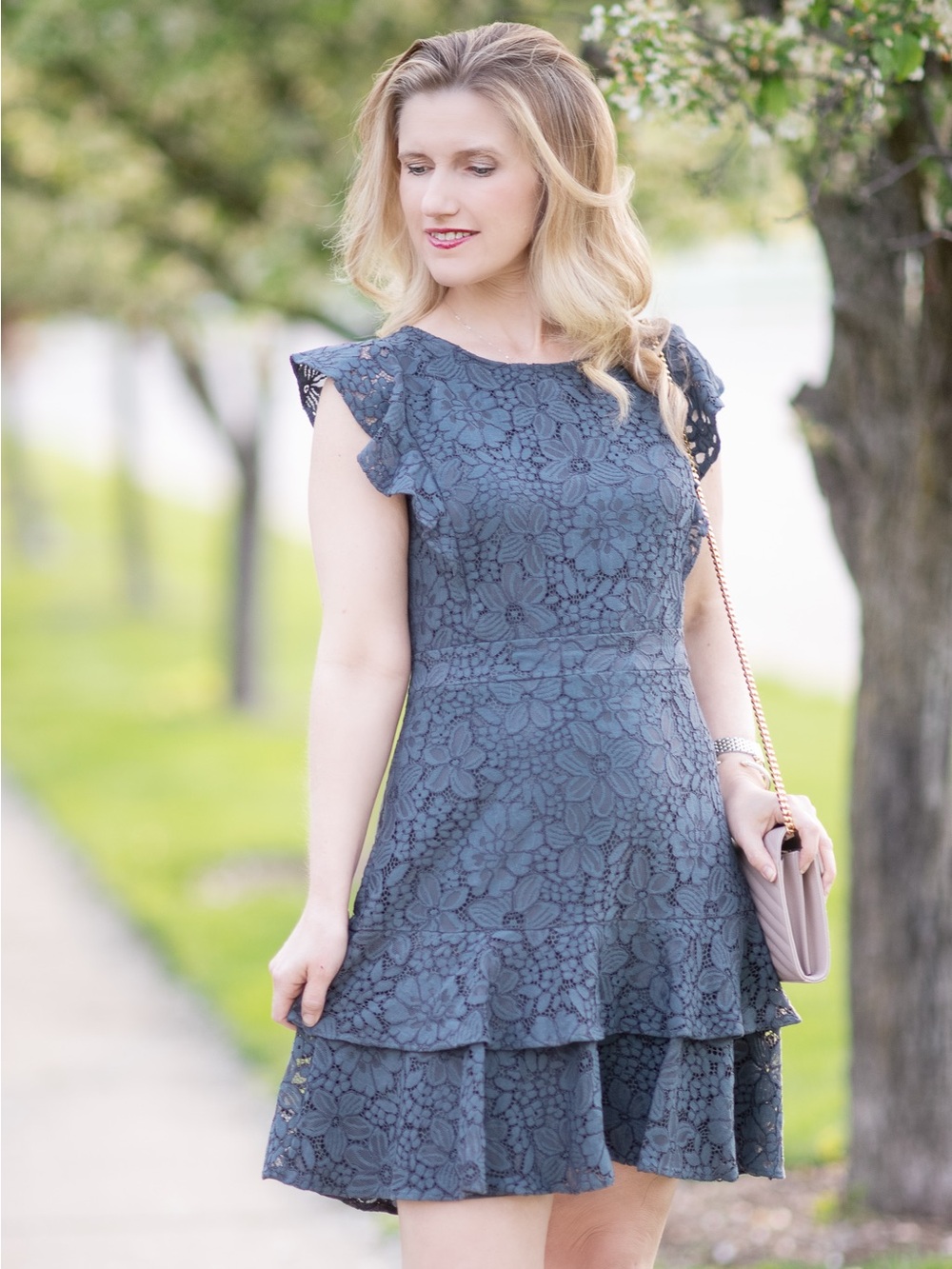 LOFT Slate Blue Lace Flutter-Sleeve Fit & Flare Mini Dress
